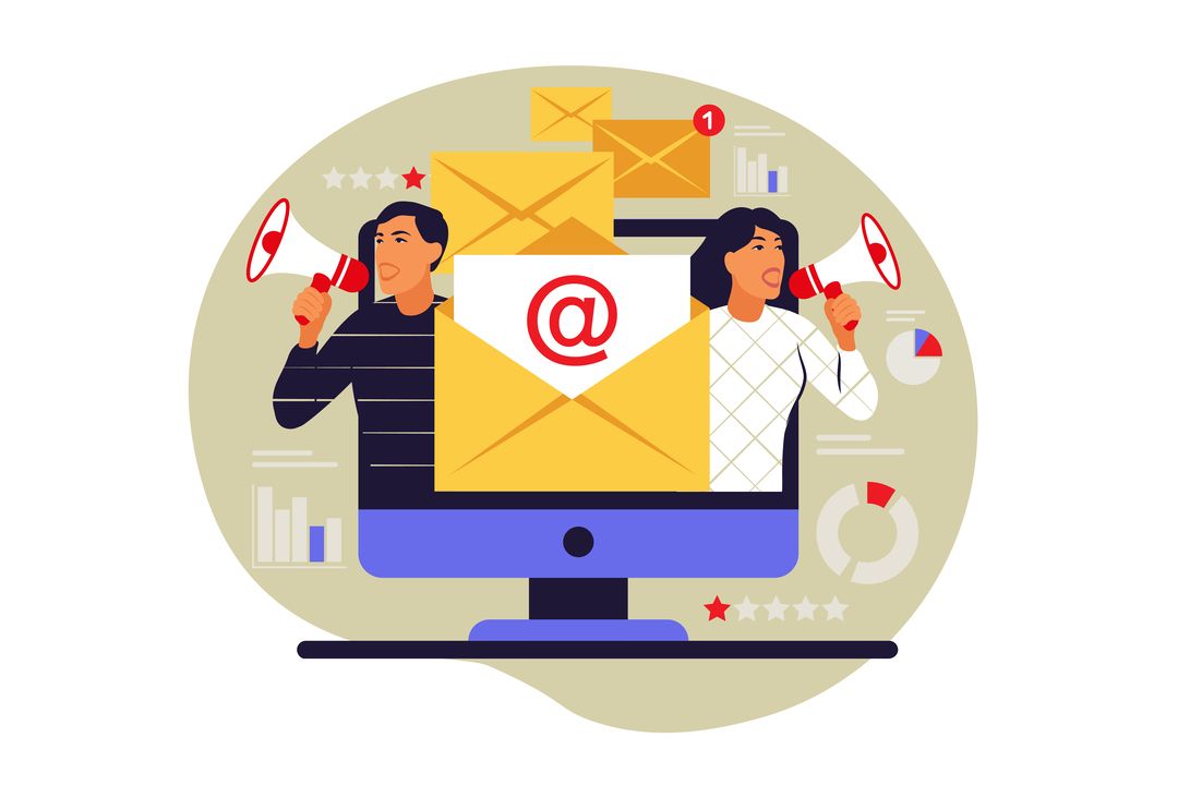 Ilustração mostra duas profissionais de marketing com megafones ao lado de um vetor de carta que representa o email.