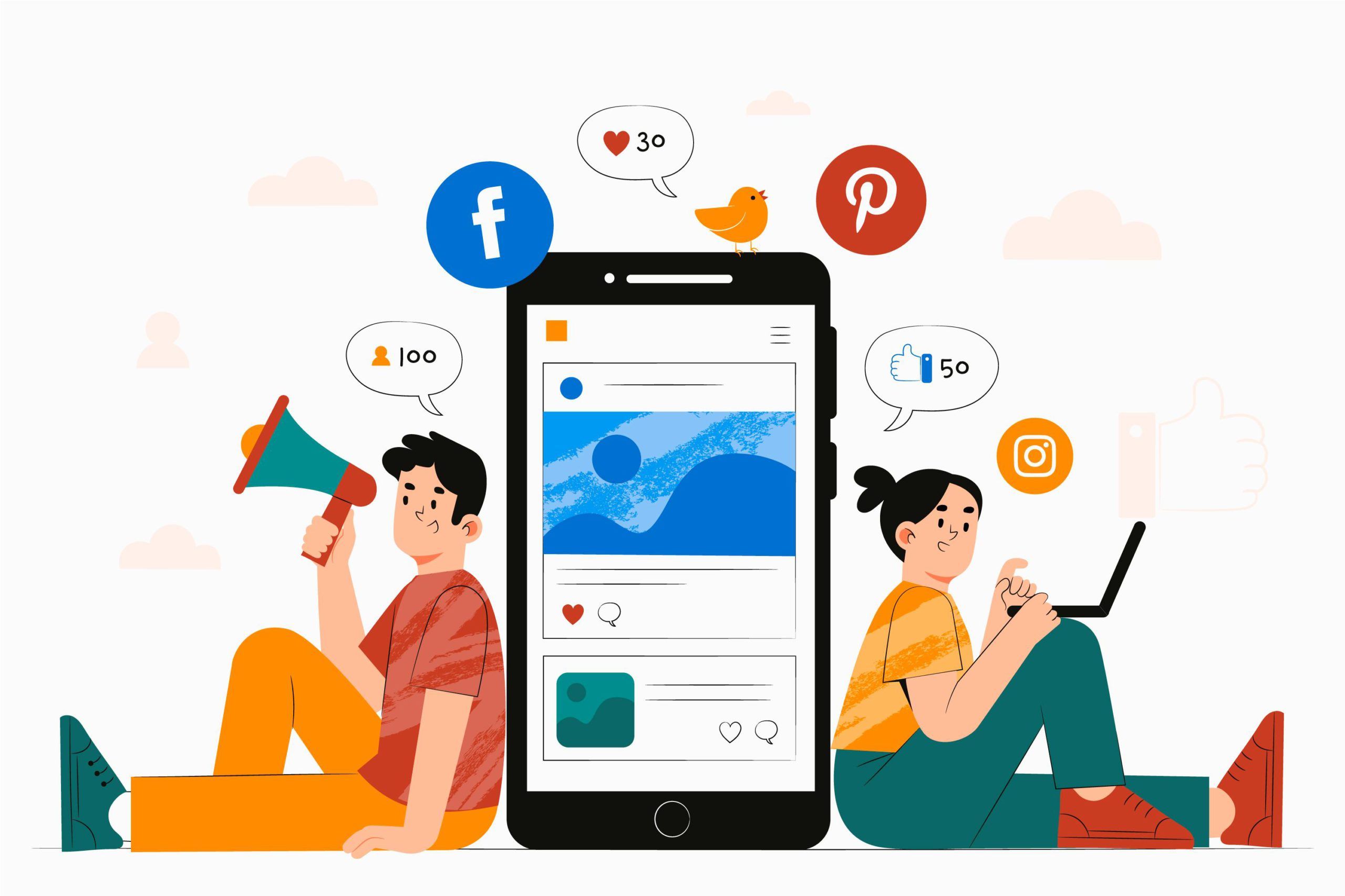 Vetor com dois profissionais ao lado de um celular mostrando uma rede social, representando o trabalho de uma ferramenta de automação de marketing.